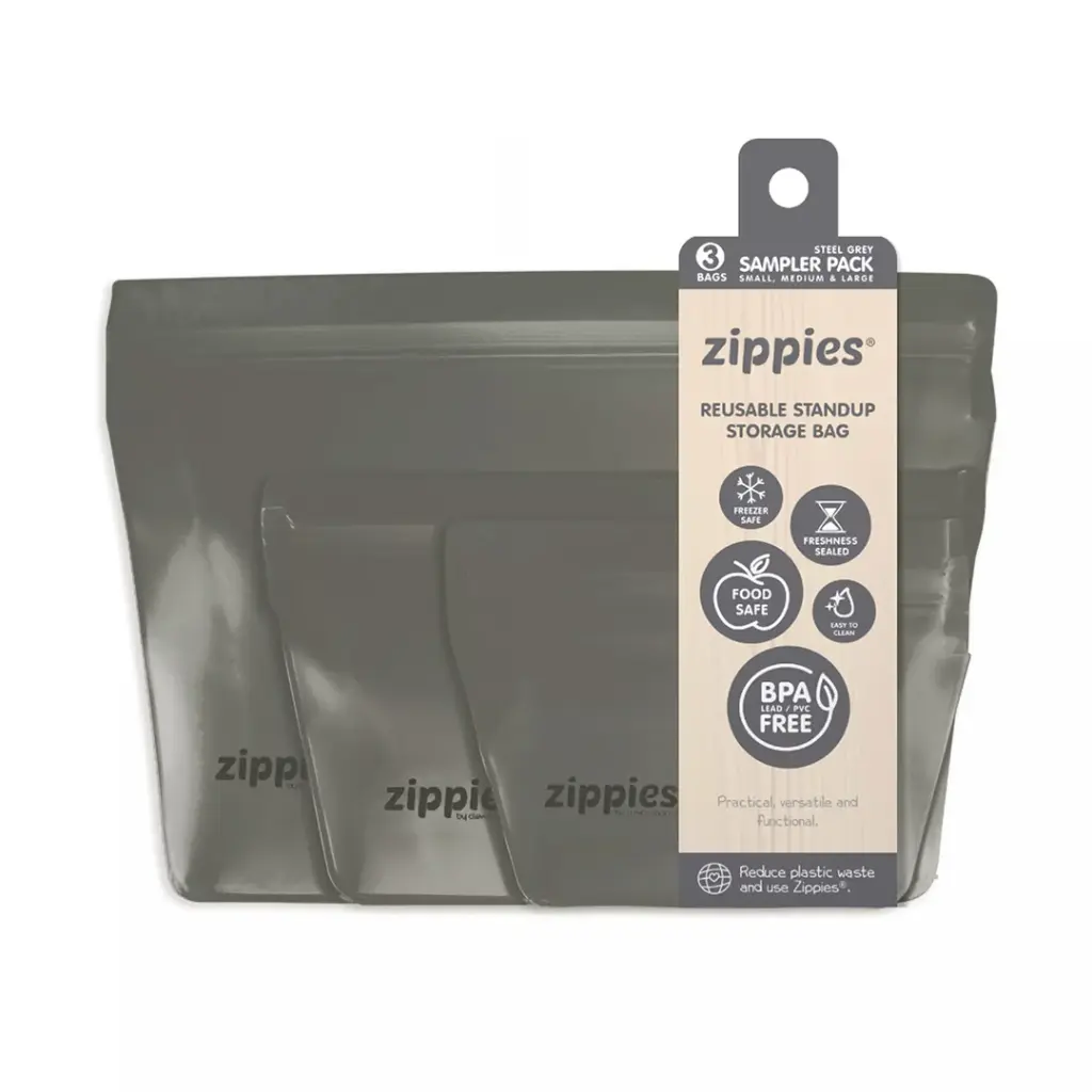 Zippies Steel Grey Reusable Standup Storage Bag Sampler Pack (S, M, L)