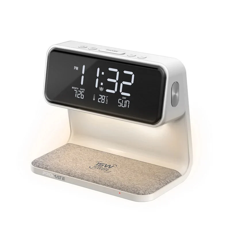Promate Lumix-15W Multi-Function LED Alarm Clock with 15W Wireless Charger