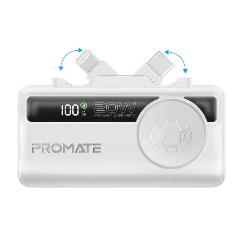 Promate PowerUp-Trio  Multiport Powerbank with Foldable USB-C & Lightning Connectors & Apple Watch Charger