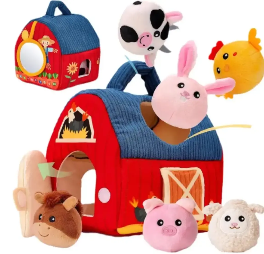 Farm Animals Barn House Plush Toy Set