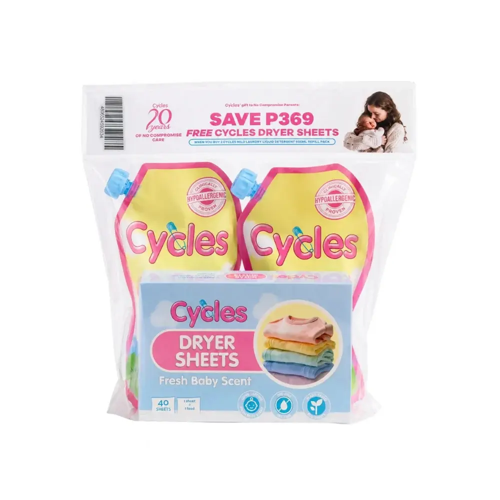 Cycles Liquid Laundry Detergent Bundle (2 Cycles Liquid Laundry Detergent 800ml Refill + Free Cycles Dryer Sheets)